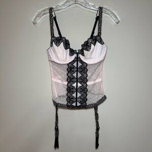Jezebel sheer lace corset lingerie ribbon ties pink black garter strings 34C